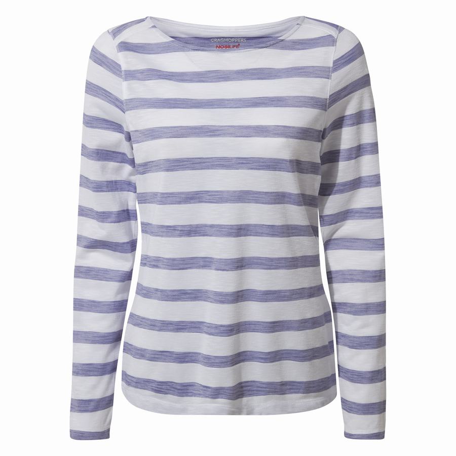 Blue Stripes Craghoppers NosiLife Erin Long Sleeved Women's T-Shirts | EEG2892GB