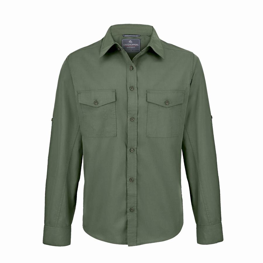 Dark Green Craghoppers Expert Kiwi Long Sleeved Men's Shirts | NHY2543EL