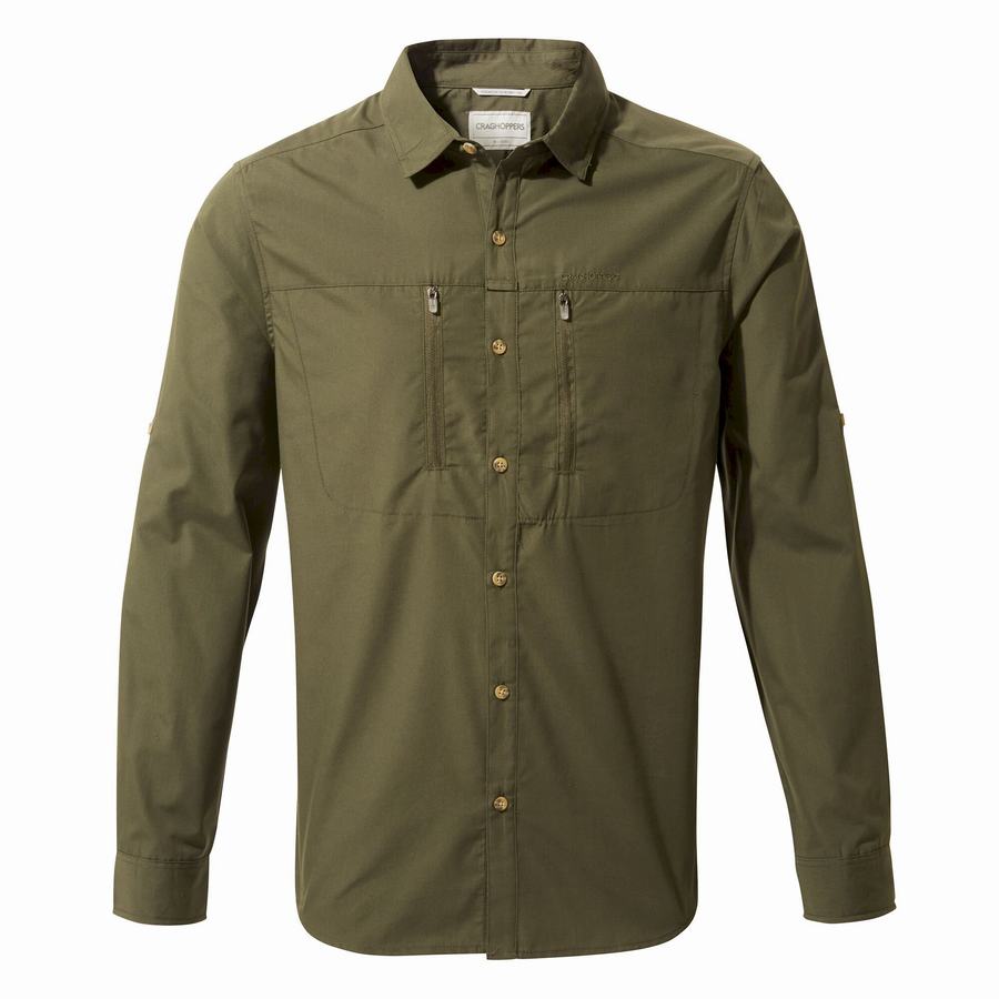 Dark Khaki Craghoppers Kiwi Boulder Long Sleeved Men's Shirts | JAU3444AQ