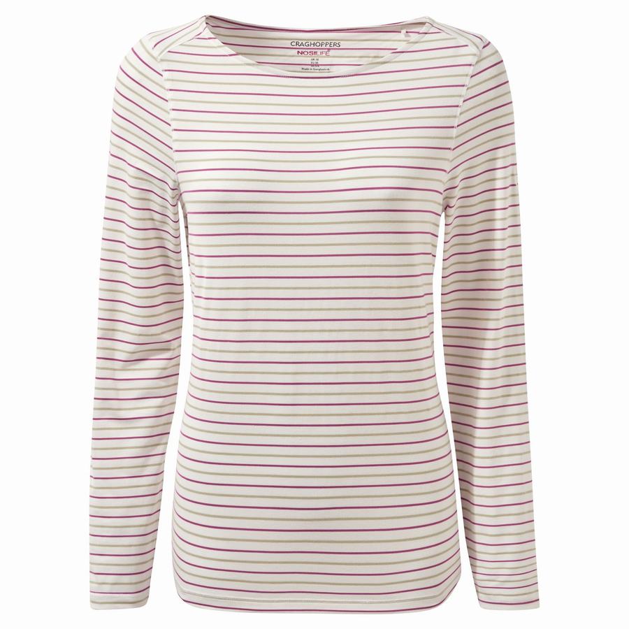 Light Green Stripes Craghoppers NosiLife Erin Long Sleeved Women's T-Shirts | DUQ4020UL