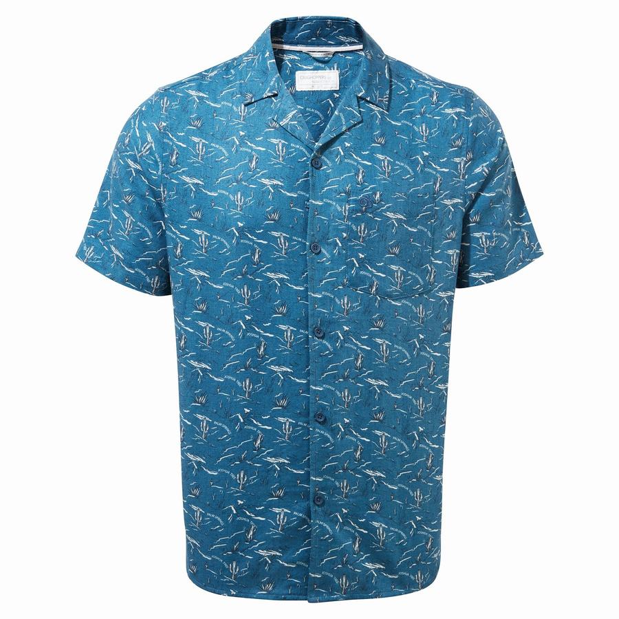 Navy Blue Craghoppers Nosibotanical Hula Short Sleeved Men's Shirts | IUT9390XC