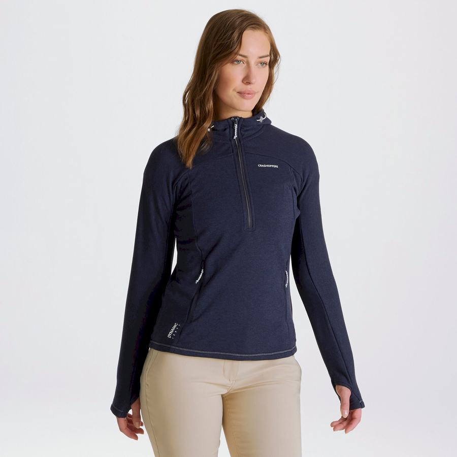 Blue Navy Craghoppers Dynamic Hooded Half Zip Women's T-Shirts | GMT1813EL