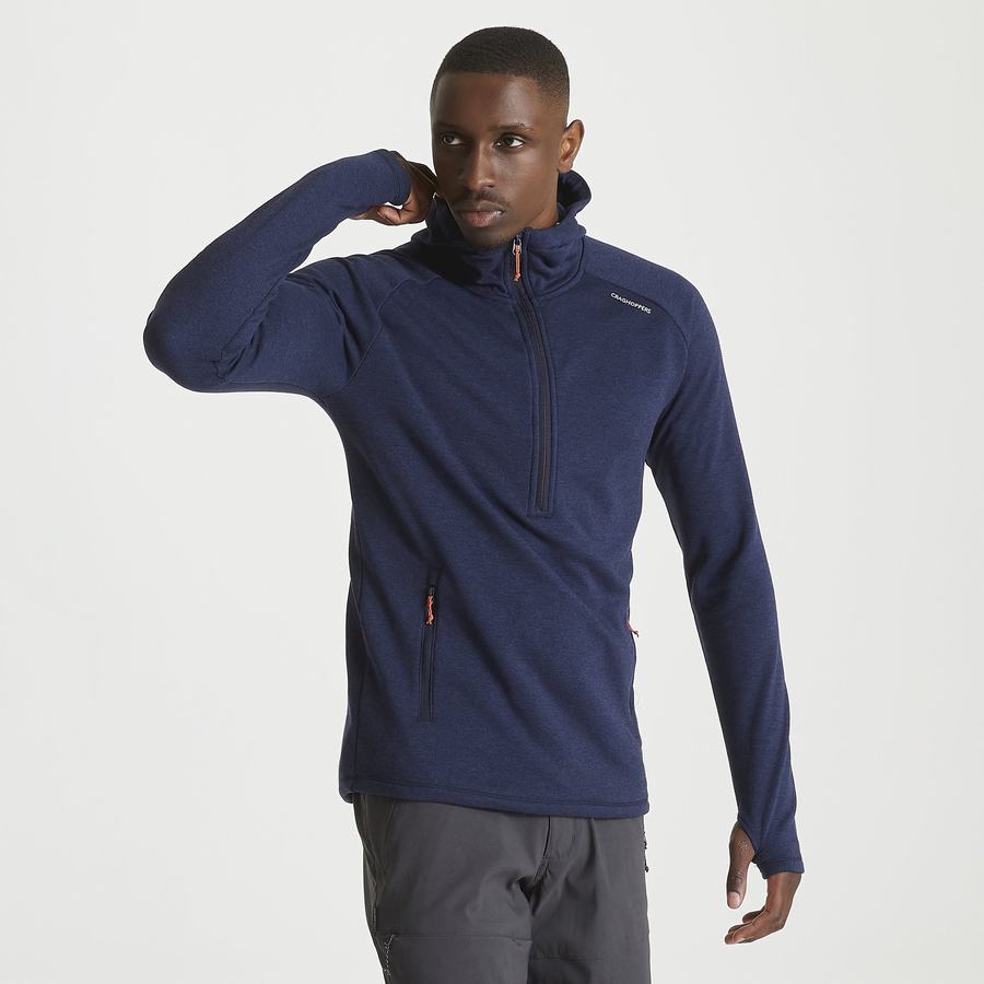 Blue Navy Craghoppers Dynamic Hooded Half Zip Men's T-Shirts | HML4883XQ