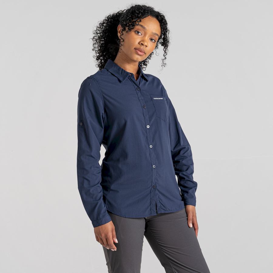 Blue Navy Craghoppers NosiLife Bardo Long Sleeved Women's Shirts | DHH4940FQ