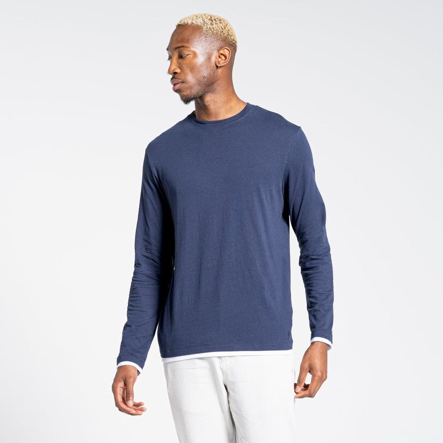 Blue Navy Craghoppers Nosibotanical Coulter Long Sleeved Men's T-Shirts | WMZ886DW