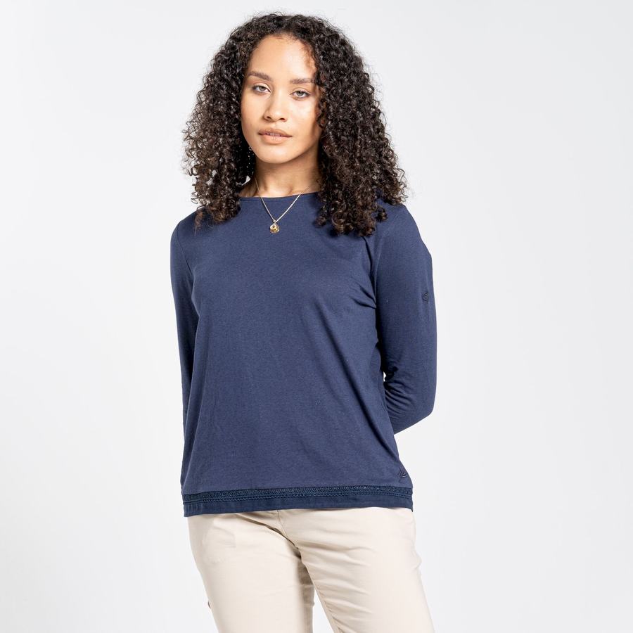 Blue Navy Craghoppers Nosibotanical Magnolia Long Sleeved Women's T-Shirts | RYL389FI