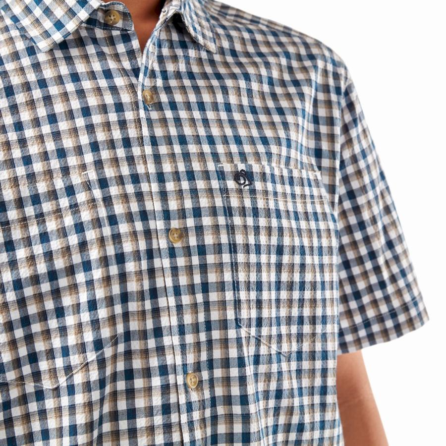 Blue Navy Craghoppers Nour Short Sleeved Check Men's Shirts | EXB1676ZE