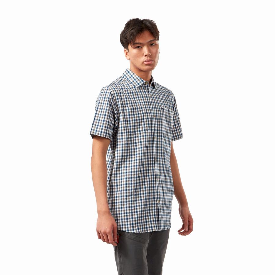 Blue Navy Craghoppers Nour Short Sleeved Check Men's Shirts | EXB1676ZE