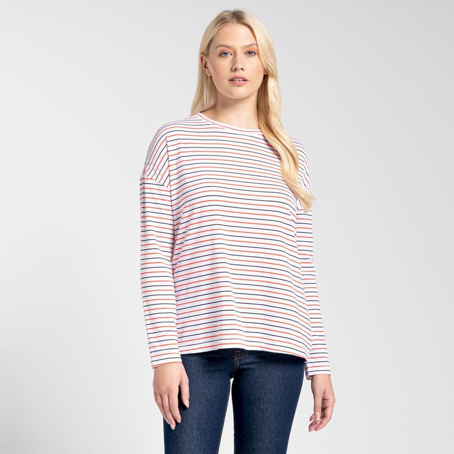 Blue Navy Orange Stripes Craghoppers NosiLife Cora Long Sleeved Women's T-Shirts | IEF2354GO