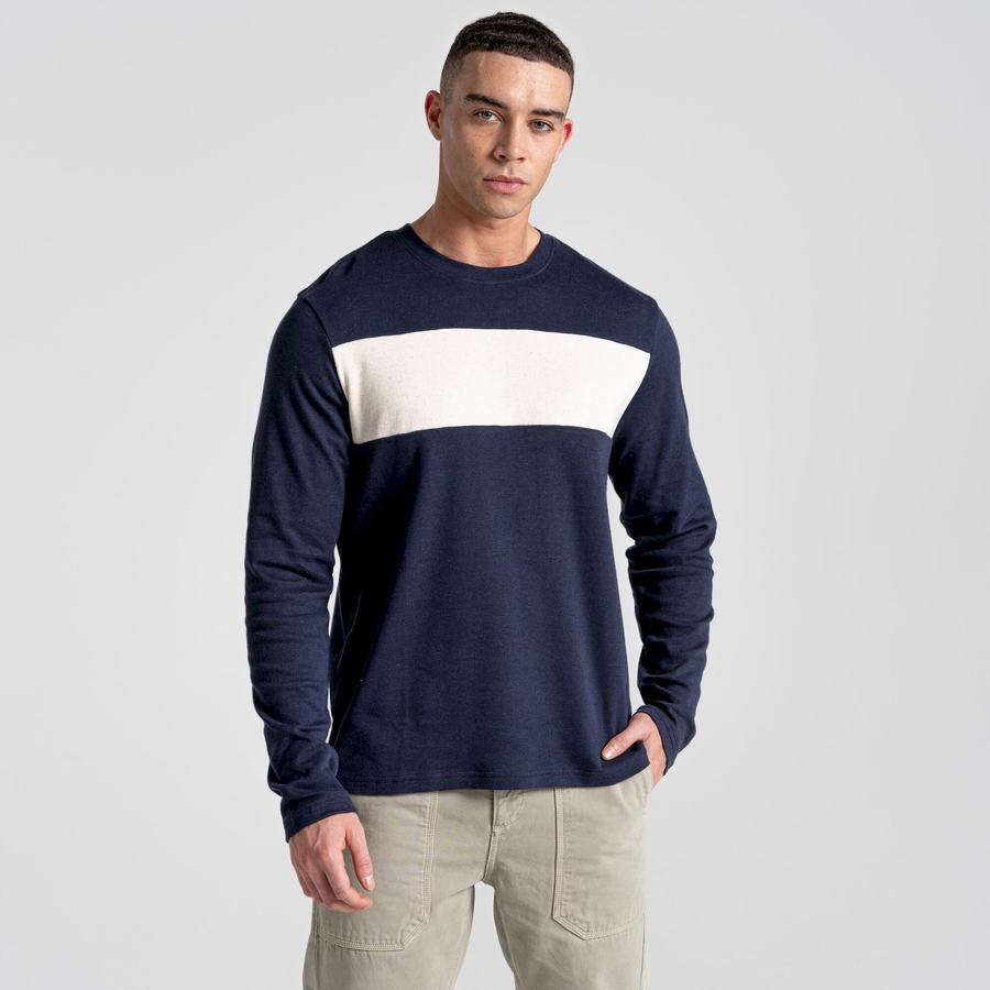 Blue Navy Stripes Craghoppers Latherton Long Sleeved Men's T-Shirts | ALL9997PB