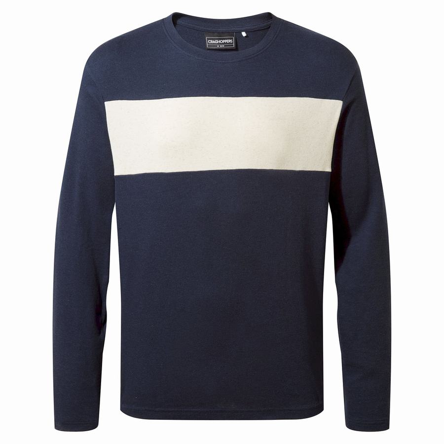 Blue Navy Stripes Craghoppers Latherton Long Sleeved Men\'s T-Shirts | ALL9997PB