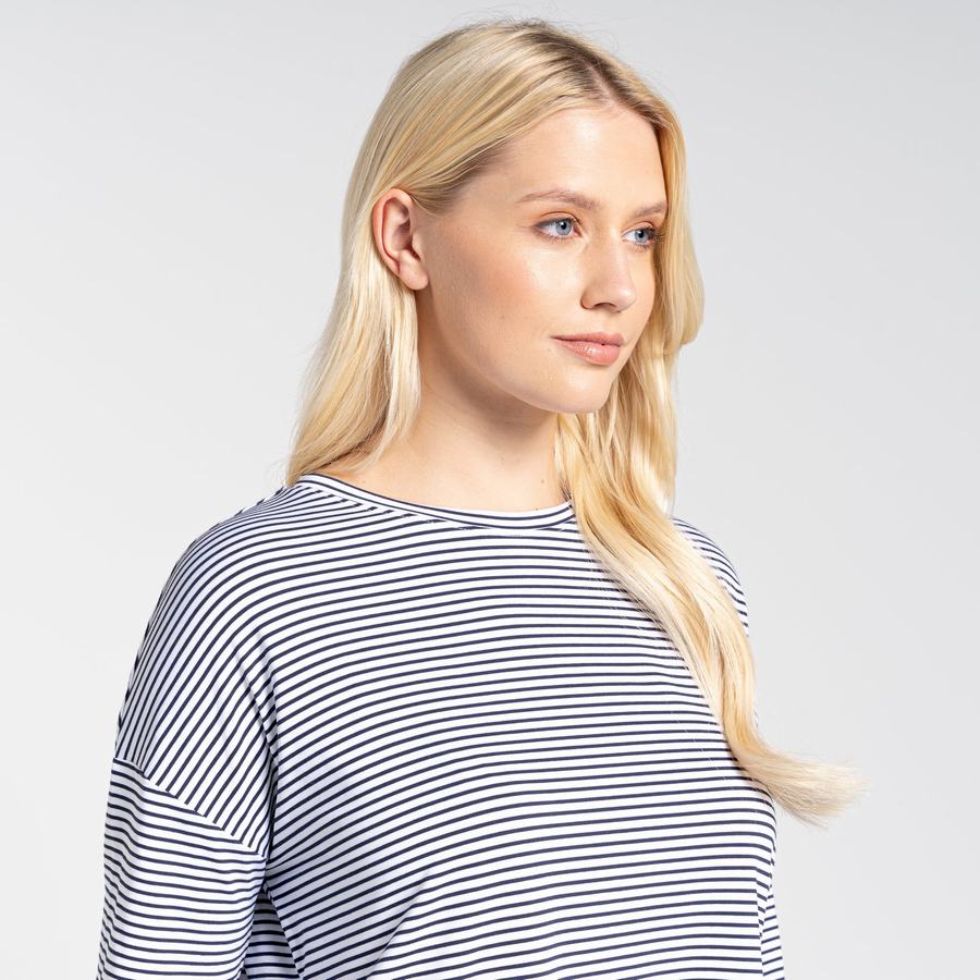 Blue Navy Stripes Craghoppers NosiLife Cora Long Sleeved Women's T-Shirts | WMH5265TB