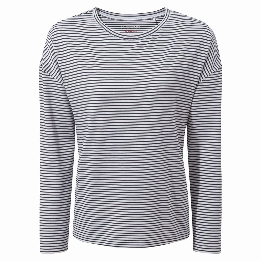 Blue Navy Stripes Craghoppers NosiLife Cora Long Sleeved Women's T-Shirts | WMH5265TB