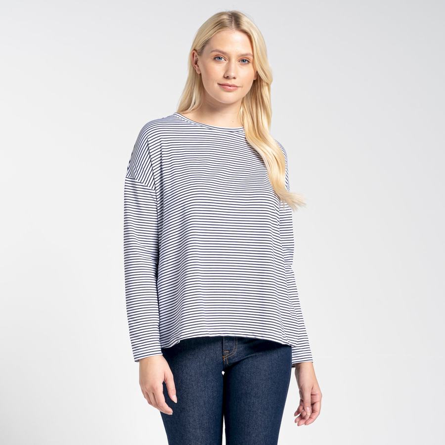 Blue Navy Stripes Craghoppers NosiLife Cora Long Sleeved Women's T-Shirts | WMH5265TB