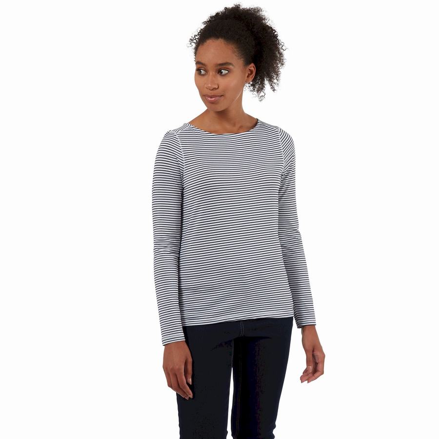 Blue Navy Stripes Craghoppers NosiLife Erin Long Sleeved Women's T-Shirts | CFV2313HM