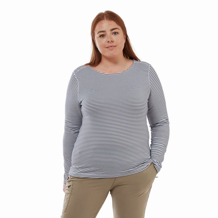 Blue Navy Stripes Craghoppers NosiLife Erin Long Sleeved Women's T-Shirts | CFV2313HM