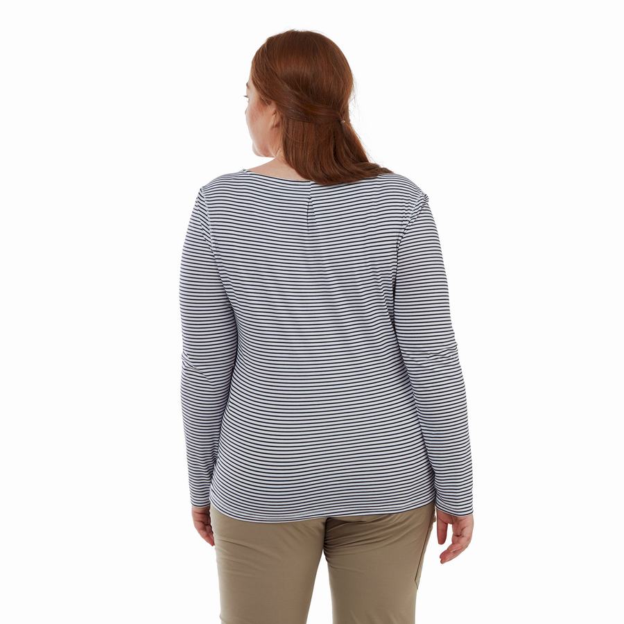 Blue Navy Stripes Craghoppers NosiLife Erin Long Sleeved Women's T-Shirts | CFV2313HM