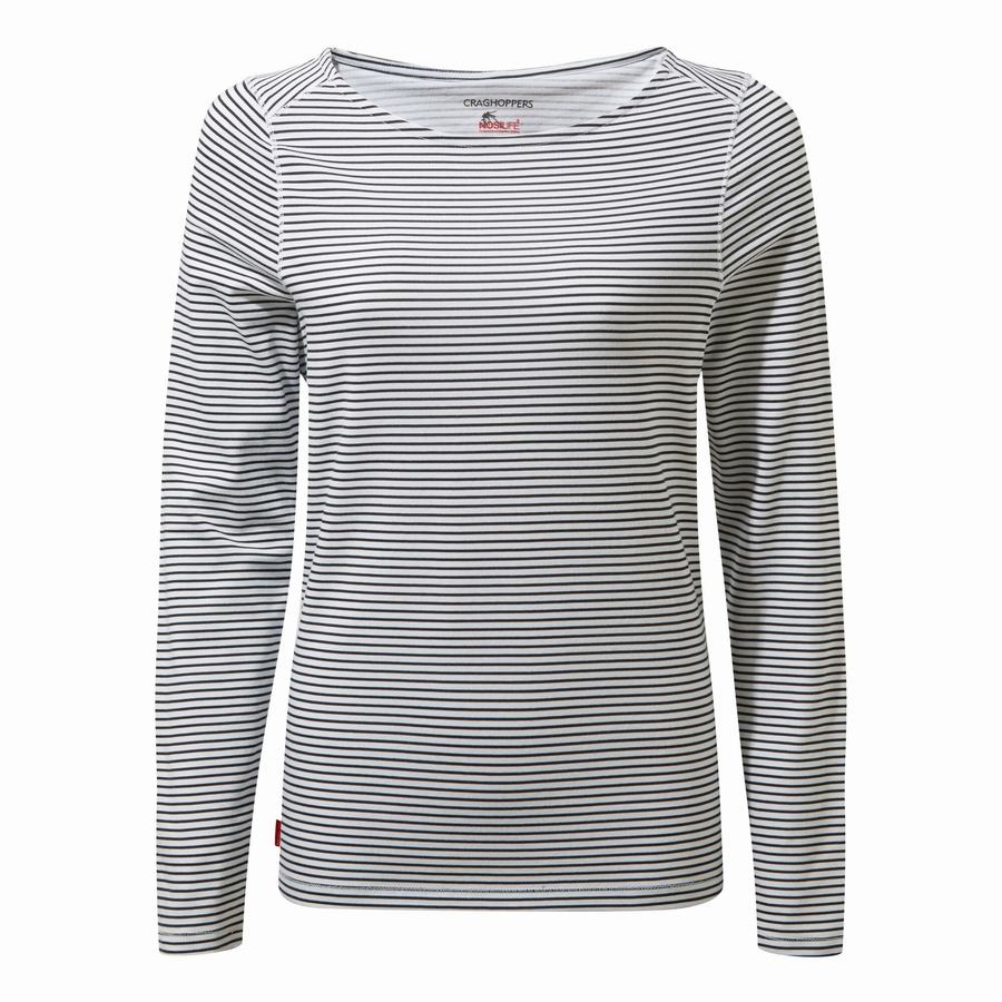 Blue Navy Stripes Craghoppers NosiLife Erin Long Sleeved Women's T-Shirts | CFV2313HM