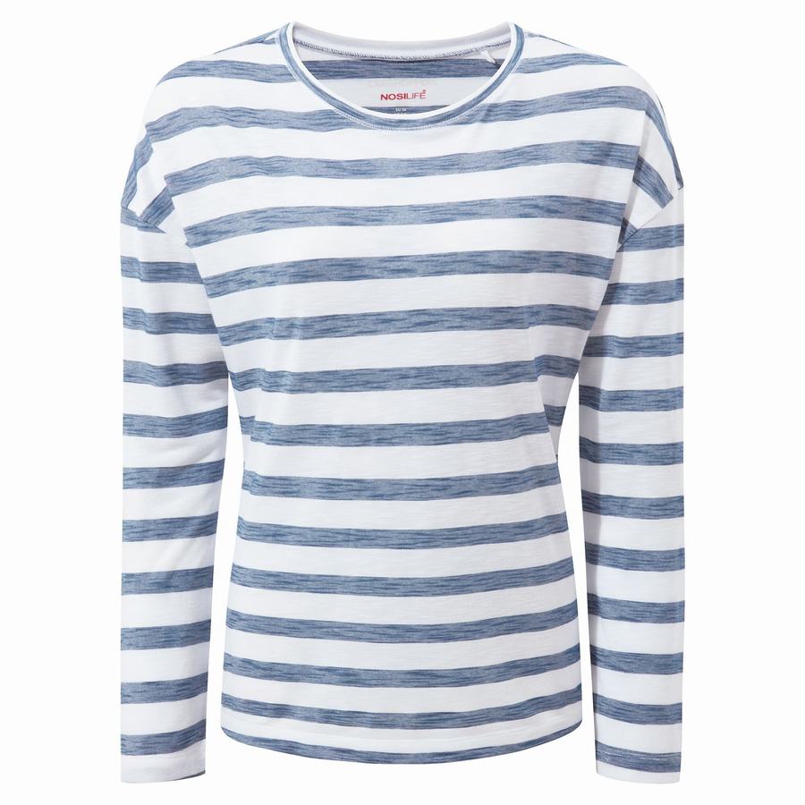 Blue Stripes Craghoppers NosiLife Cora Long Sleeved Women's T-Shirts | QDS318SC