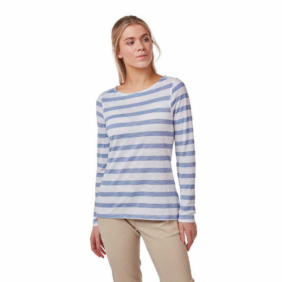 Blue Stripes Craghoppers NosiLife Erin Long Sleeved Women's T-Shirts | EEG2892GB