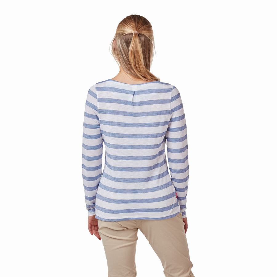 Blue Stripes Craghoppers NosiLife Erin Long Sleeved Women's T-Shirts | EEG2892GB