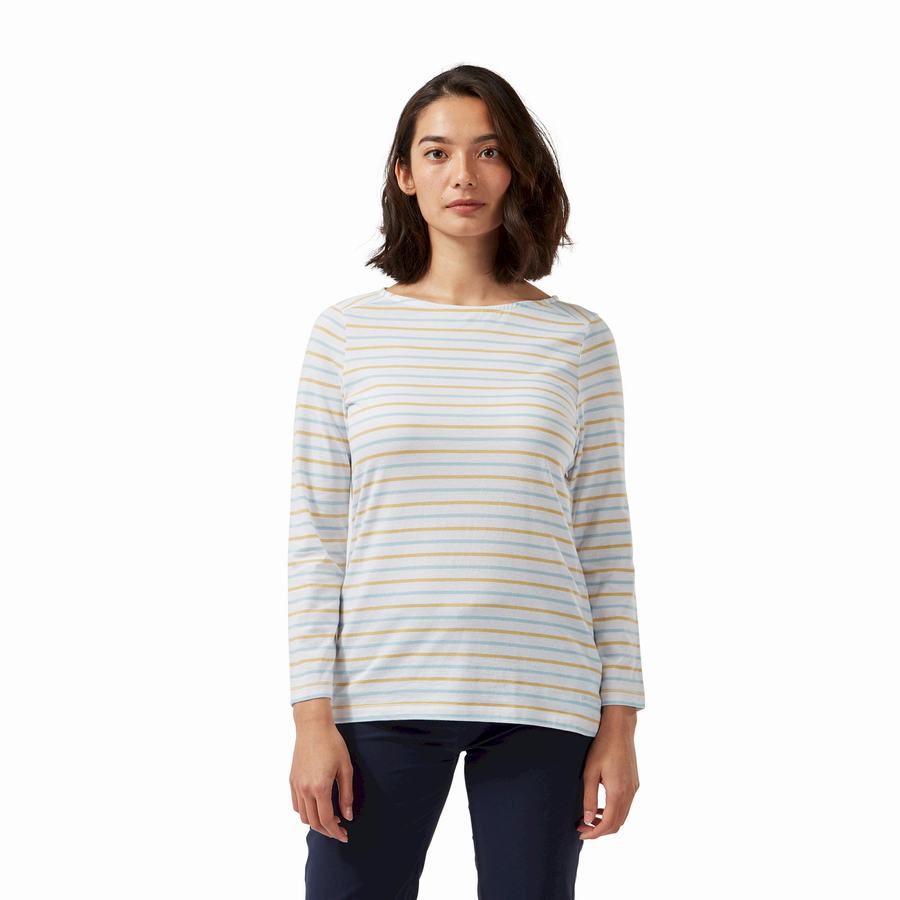 Blue Yellow Stripes Craghoppers Blanca 3/4 Sleeved Top Women's T-Shirts | OHZ5535YZ