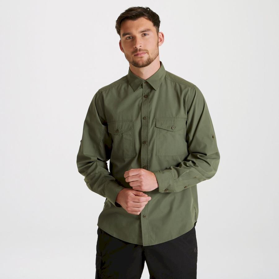 Dark Green Craghoppers Expert Kiwi Long Sleeved Men's Shirts | NHY2543EL