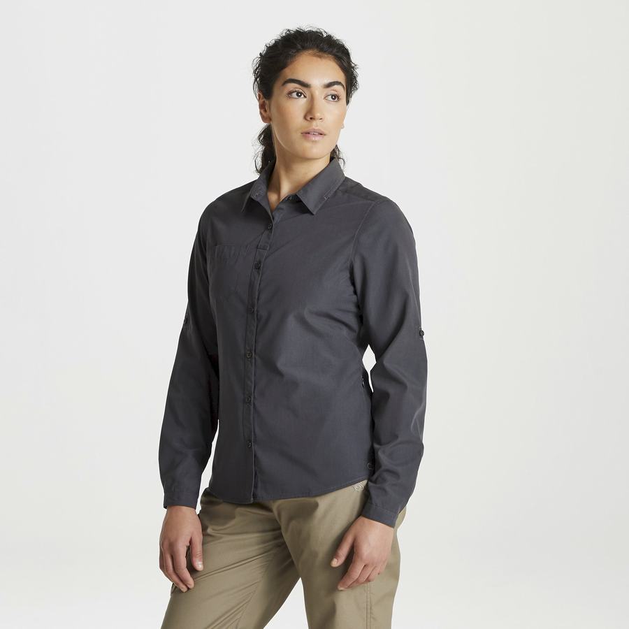 Dark Grey Craghoppers Expert Kiwi Long Sleeved Women's Shirts | BTV4887YX