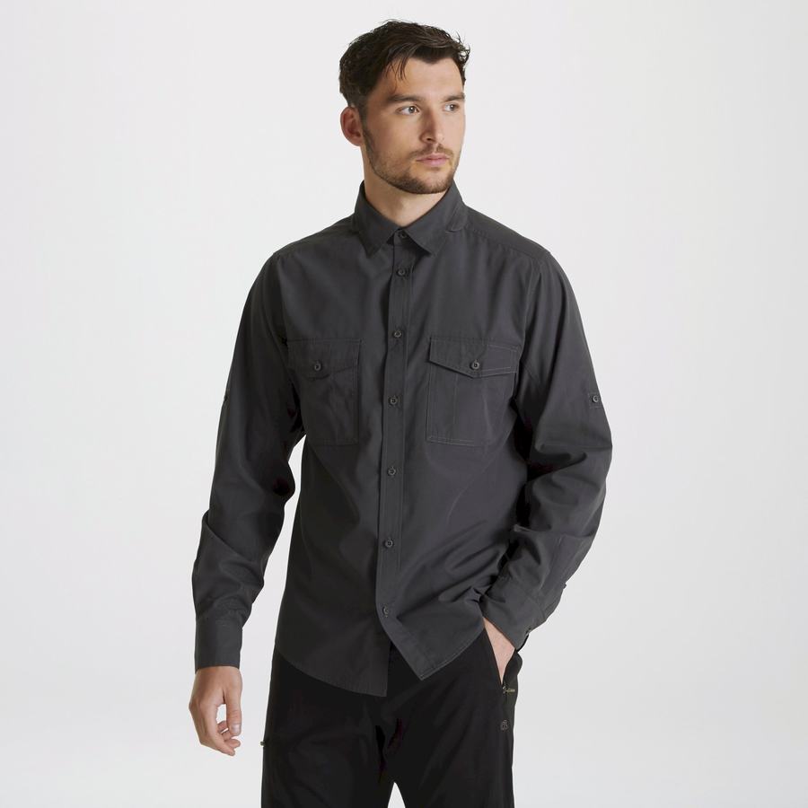 Dark Grey Craghoppers Expert Kiwi Long Sleeved Men's Shirts | WQA881XK