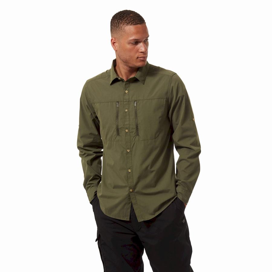 Dark Khaki Craghoppers Kiwi Boulder Long Sleeved Men's Shirts | JAU3444AQ