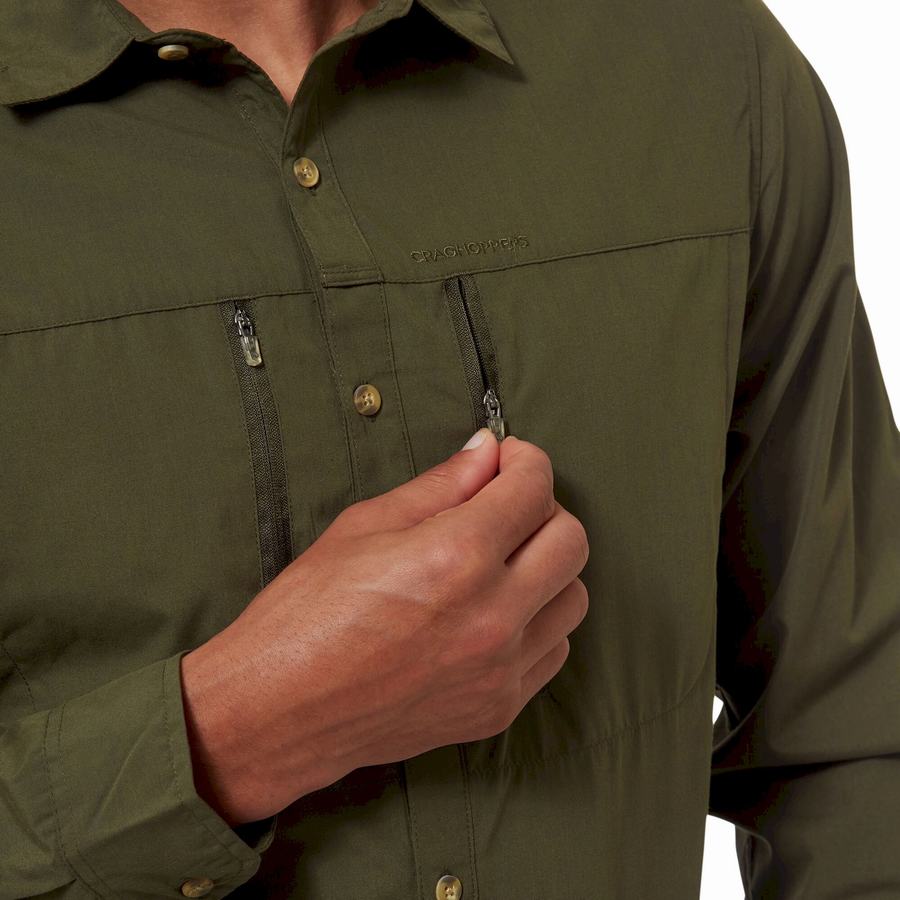 Dark Khaki Craghoppers Kiwi Boulder Long Sleeved Men's Shirts | JAU3444AQ