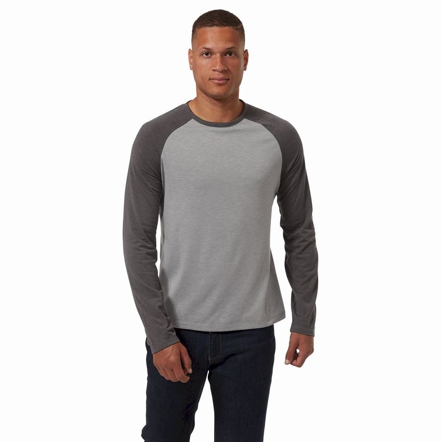 Grey Black Craghoppers First Layer Long-Sleeved Men's T-Shirts | YPJ4817YA