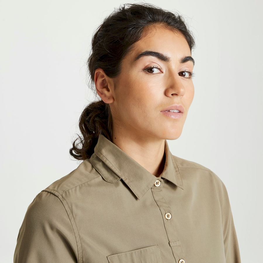 Khaki Craghoppers Expert Kiwi Long Sleeved Women's Shirts | RRM3573GG