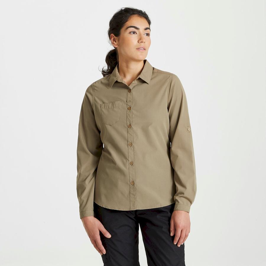 Khaki Craghoppers Expert Kiwi Long Sleeved Women's Shirts | RRM3573GG