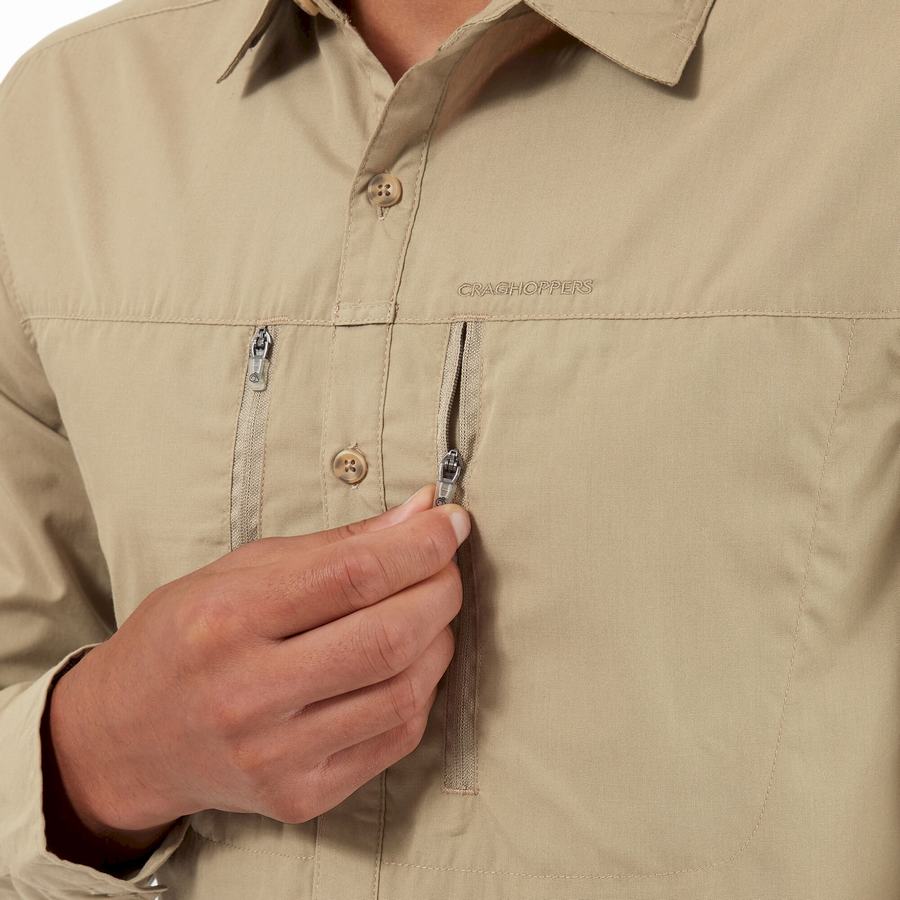 Khaki Craghoppers Kiwi Boulder Long Sleeved Men's Shirts | XTW567VR