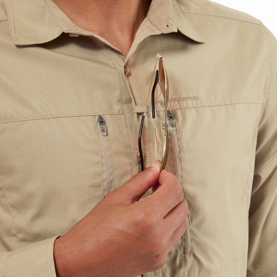 Khaki Craghoppers Kiwi Boulder Long Sleeved Men's Shirts | XTW567VR