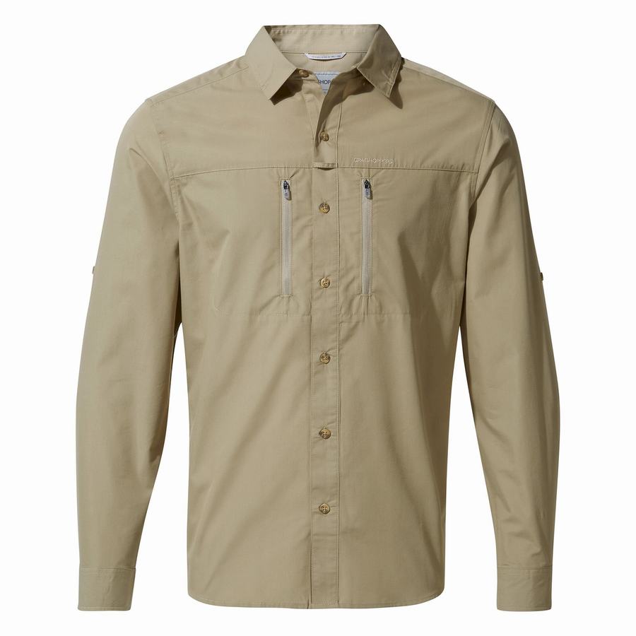 Khaki Craghoppers Kiwi Boulder Long Sleeved Men's Shirts | XTW567VR