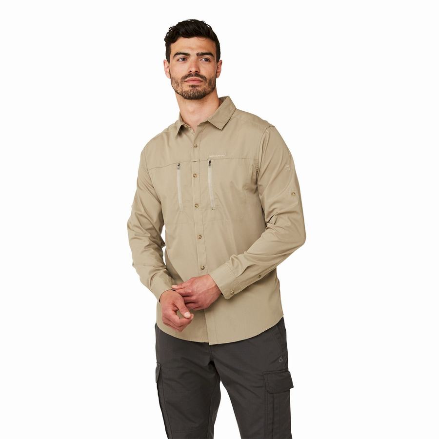 Khaki Craghoppers Kiwi Boulder Long Sleeved Men's Shirts | XTW567VR