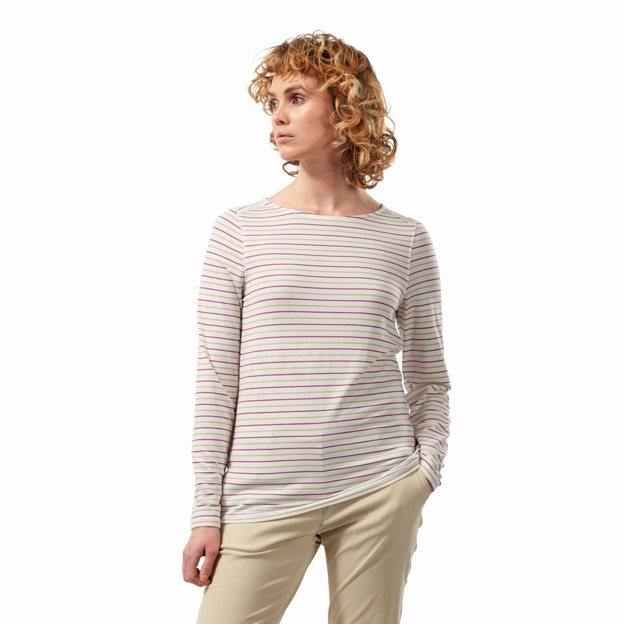 Light Green Stripes Craghoppers NosiLife Erin Long Sleeved Women's T-Shirts | DUQ4020UL