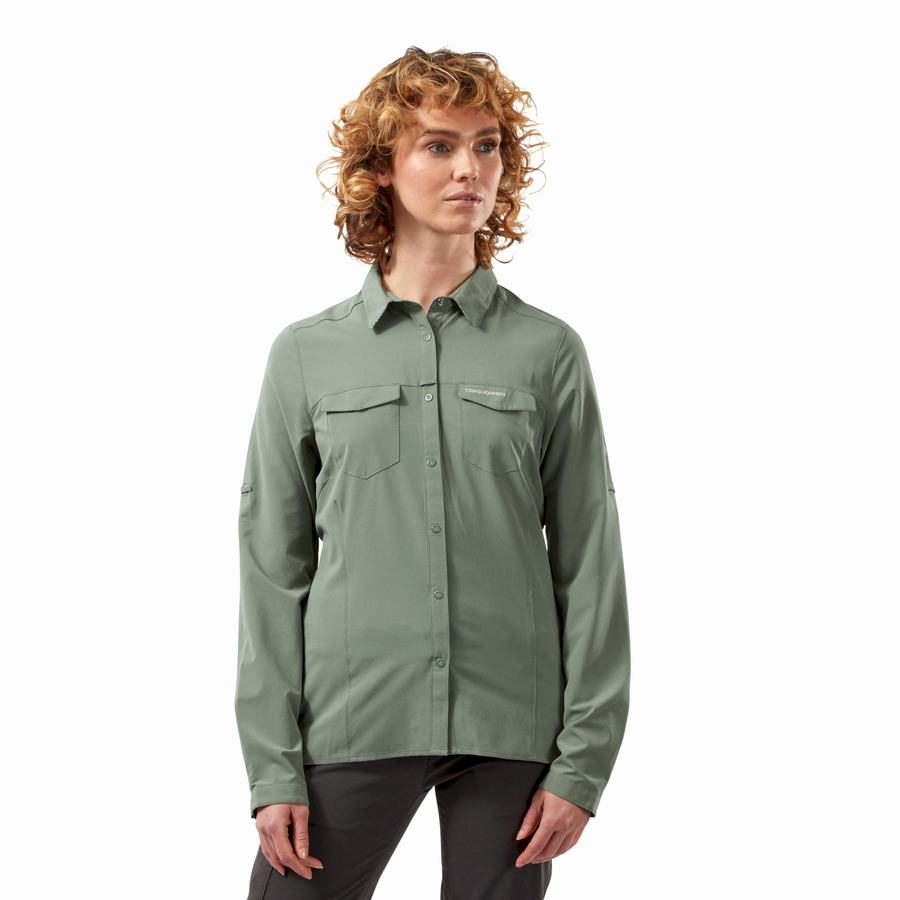 Olive Craghoppers NosiLife Pro III Long Sleeved Women's Shirts | KBX8427DA