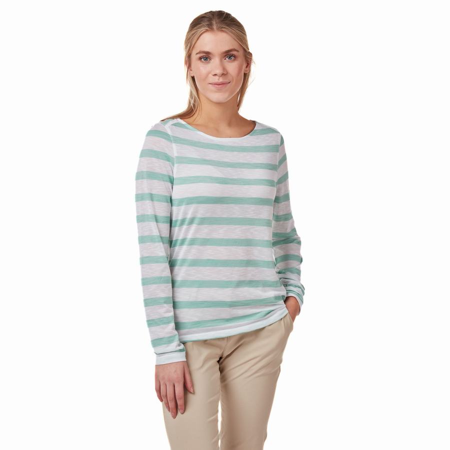 Turquoise Stripes Craghoppers NosiLife Erin Long Sleeved Women's T-Shirts | GGF859EU