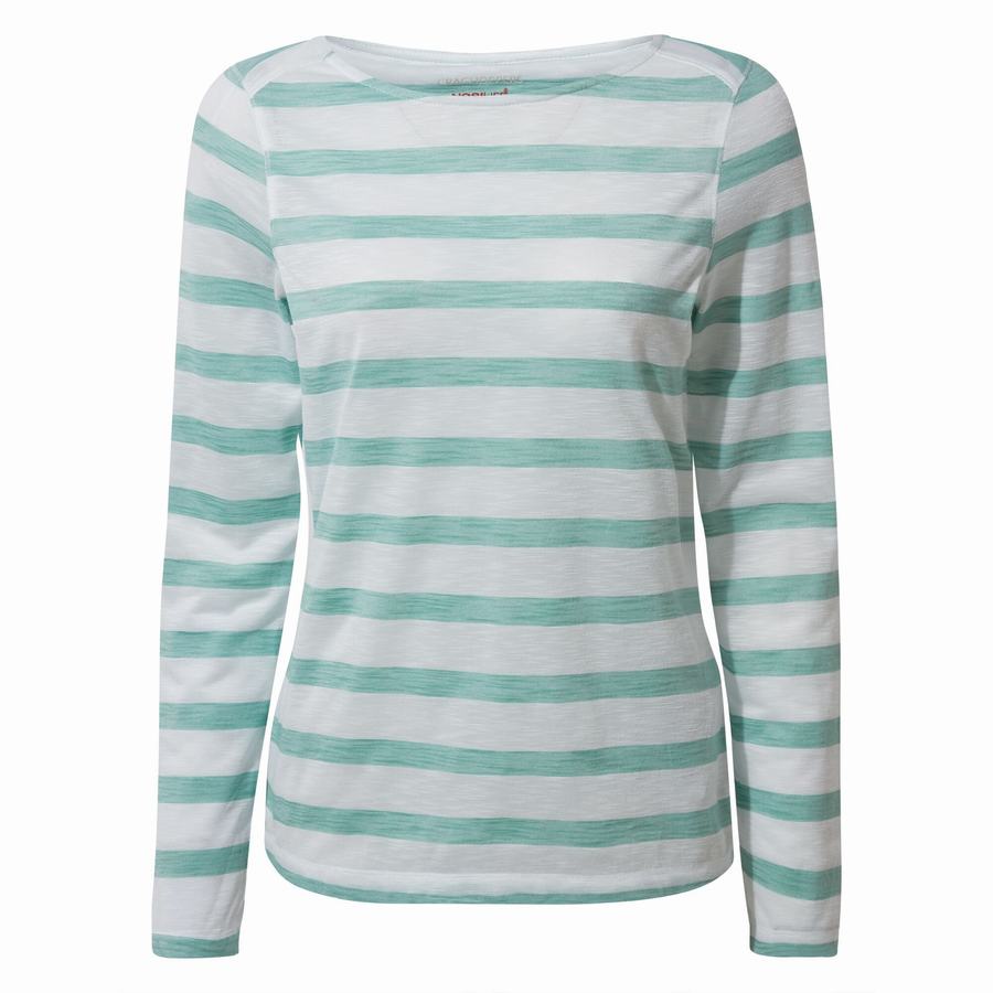 Turquoise Stripes Craghoppers NosiLife Erin Long Sleeved Women's T-Shirts | GGF859EU