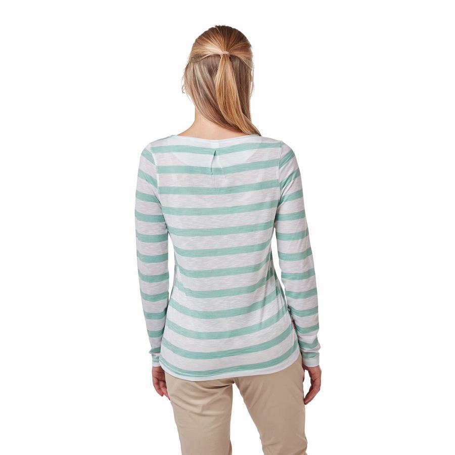 Turquoise Stripes Craghoppers NosiLife Erin Long Sleeved Women's T-Shirts | GGF859EU